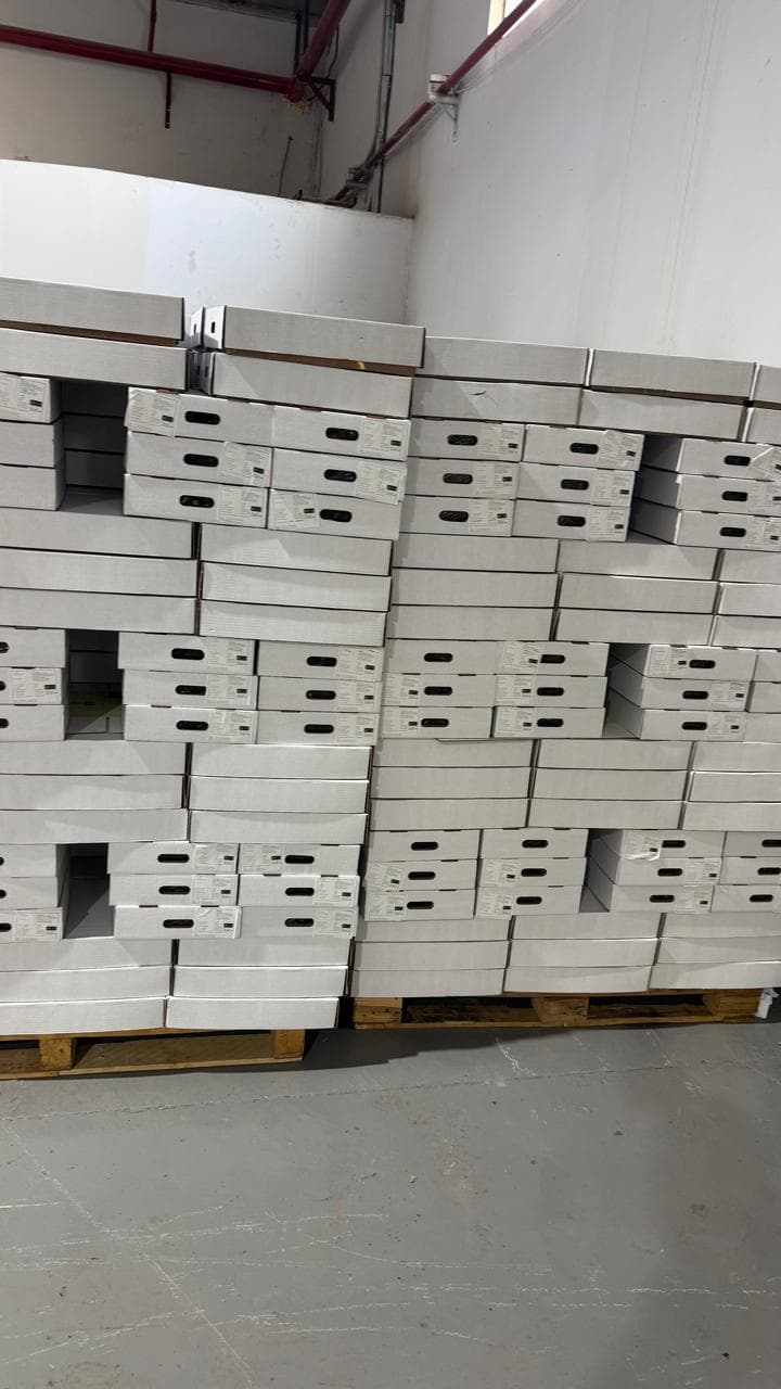 Palletized boxes stacked for export in warehouse facility